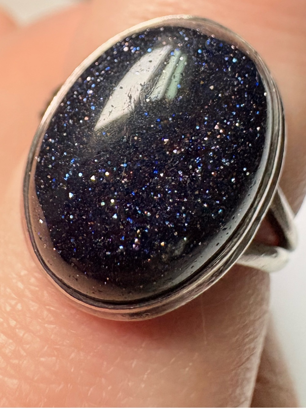 Vintage Navajo Silver Ring Midnight Blue Goldstone Celestial Cosmic Shimmer